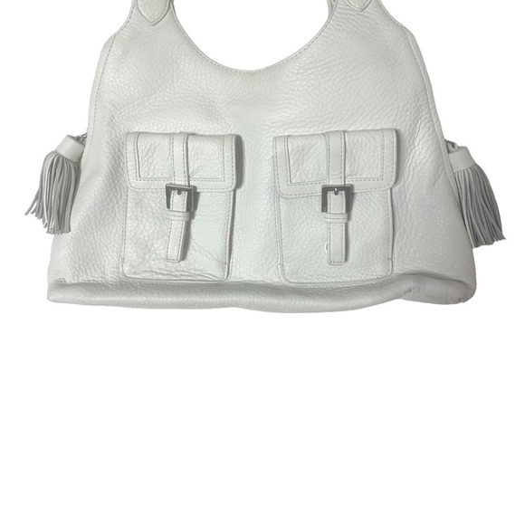 White Genuine Leather Brooks Brothers Tassel Zipper Gusset Handbag - Picture 3 of 16